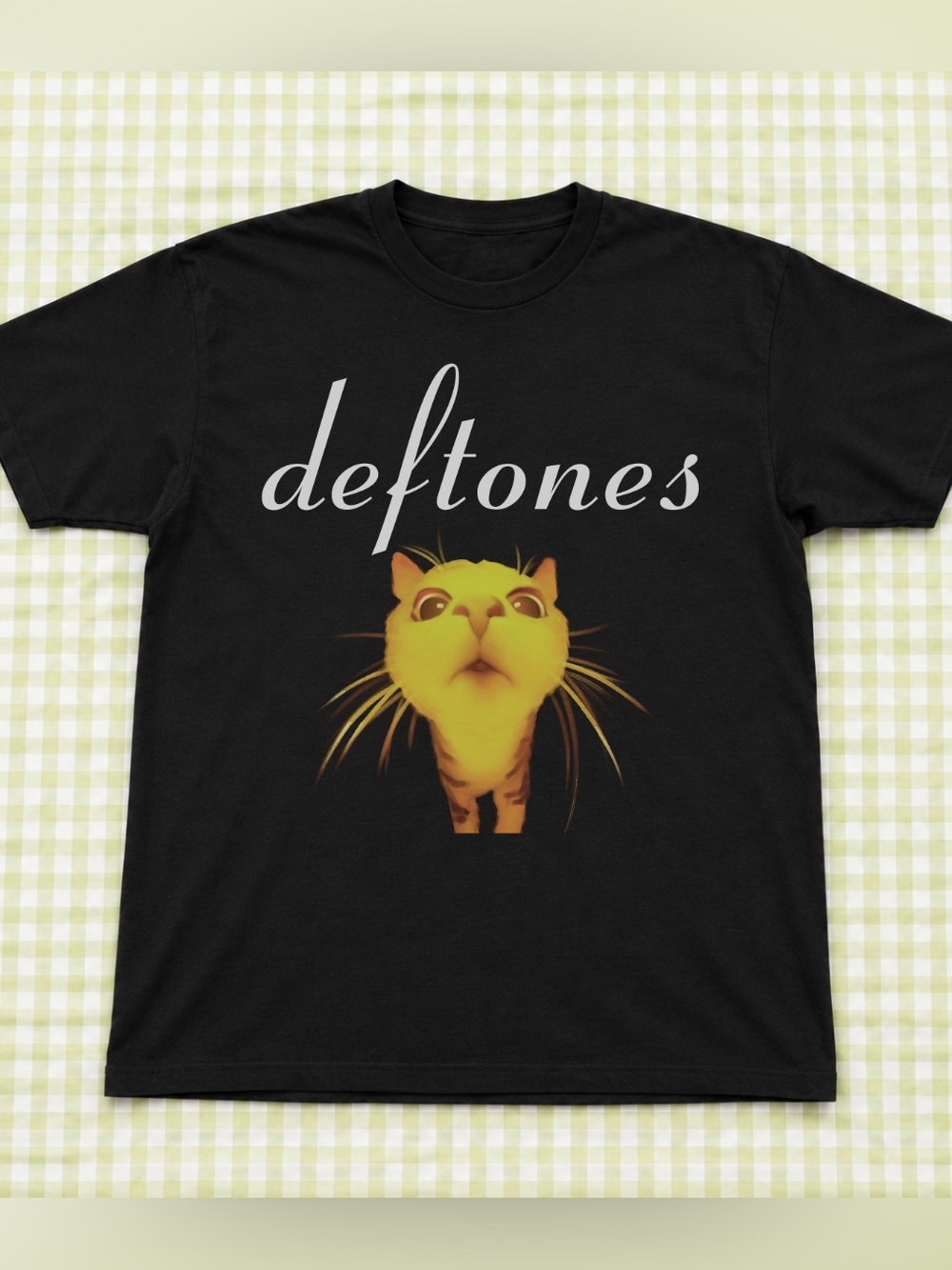 Gildan Black Deftones Tee, Retro Yellow Cat Graphic T-Shirt, Gift For Music Fan